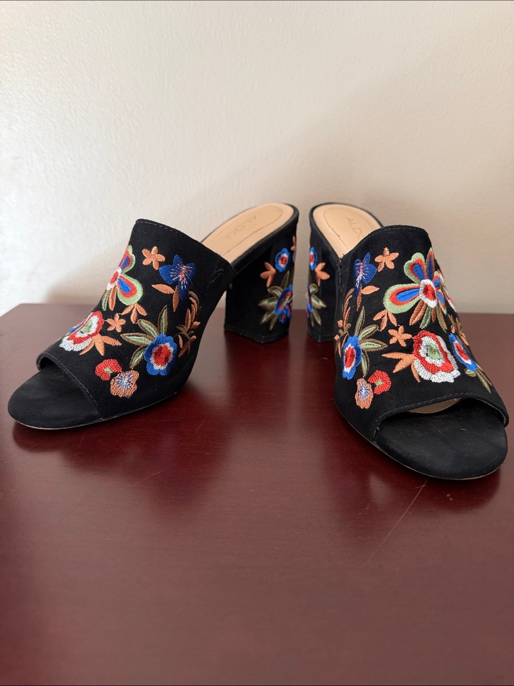 Aldo Black Embroidered Floral Mule Heels